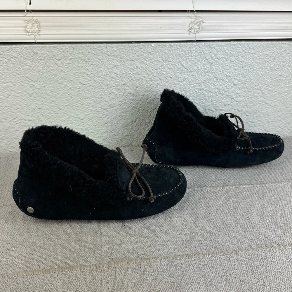 UGG Alena Shearling Cuff Moccasins Slippers Womens US 8 Black Suede - Picture 3 of 8